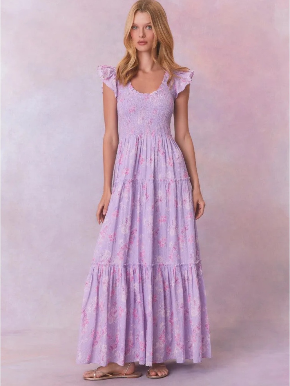 LoveShackFancy Lavender and Pink Floral Maxi Dress